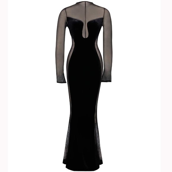 💥INSANELY BEAUTIFUL💥Miss Circle Paislee Black Velvet & Mesh Long Sleeve Gown - Picture 7 of 16